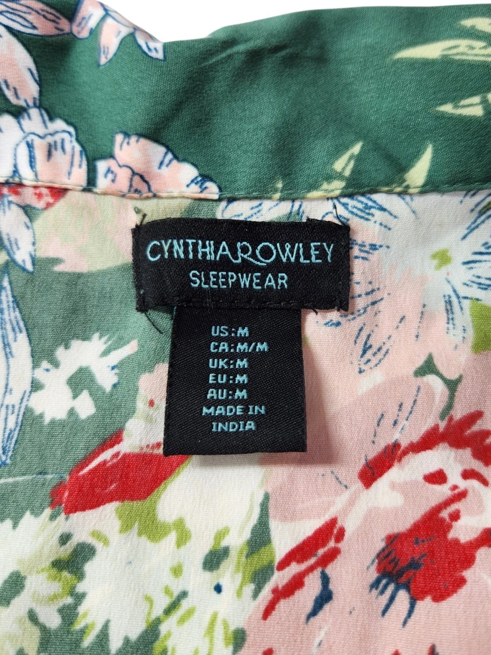 Cynthia Rowley 2-Piece Pajama Set  Med Green Pink Floral Silky Shorts PJs Resort